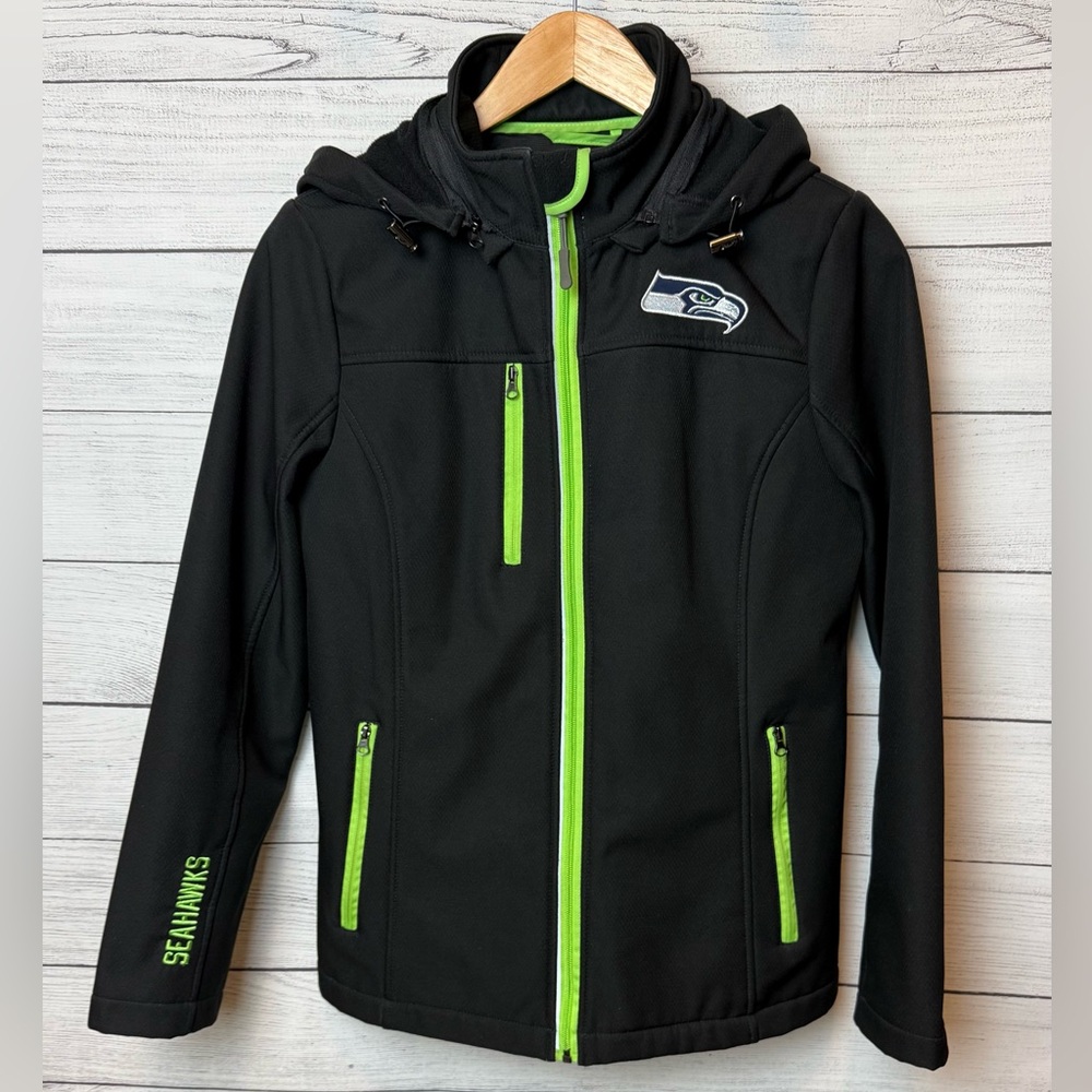 Seahawks NFL Women’s Black and Neon Green Raincoat Small EUC Warm #gohawks 💙💚